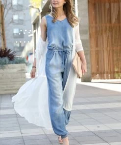 42POPS | Chambray Tie-Waist V-Neck Sleeveless Pocket Jumpsuit - Women