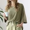 42POPS | Khaki Crewneck Drop-Shoulder Half-Sleeve Hi-Low Top - Women