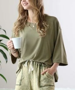 42POPS | Khaki Crewneck Drop-Shoulder Half-Sleeve Hi-Low Top - Women