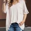 42POPS | Sand Beige V-Neck Pocket Oversize Boyfriend Tee - Women