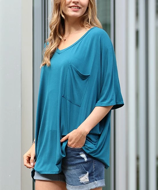 42POPS | Teal V-Neck Pocket Oversize Boyfriend Tee - Women