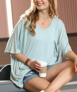 42POPS | Light Green V-Neck Pocket Oversize Boyfriend Tee - Women