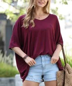 42POPS | Dark Burgundy V-Neck Pocket Oversize Boyfriend Tee - Women