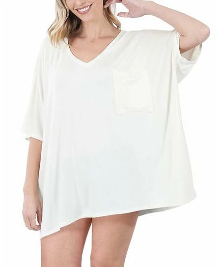 42POPS | Ivory Oversize V-Neck Short-Sleeve Pocket Tunic - Women