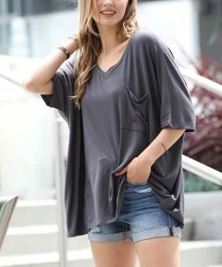 42POPS | Ash Gray V-Neck Pocket Oversize Boyfriend Tee - Women
