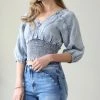 42POPS | Blue Acid-Wash Chambray Smocked V-Neck Half-Sleeve Crop Top - Women