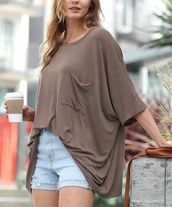 42POPS | Mocha Scoop Neck Pocket Oversize Boyfriend Tee - Women