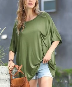 42POPS | Ash Olive Scoop Neck Pocket Oversize Boyfriend Tee - Women