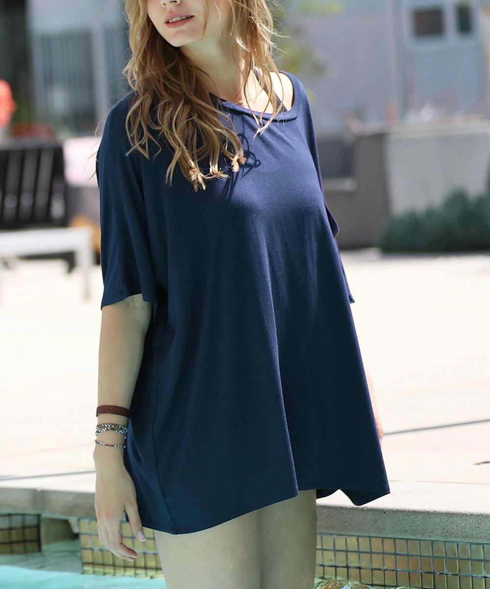 42POPS | Midnight Navy Scoop Neck Pocket Oversize Boyfriend Tee - Women - Image 2