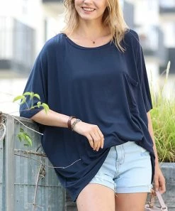 42POPS | Midnight Navy Scoop Neck Pocket Oversize Boyfriend Tee - Women