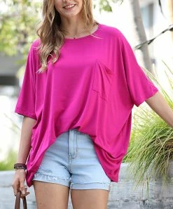42POPS | Magenta Scoop Neck Pocket Oversize Boyfriend Tee - Women
