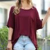 42POPS | Dark Burgundy Scoop Neck Pocket Oversize Boyfriend Tee - Women
