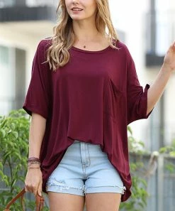 42POPS | Dark Burgundy Scoop Neck Pocket Oversize Boyfriend Tee - Women
