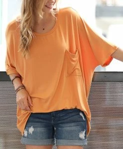 42POPS | Ash Mustard Scoop Neck Pocket Oversize Boyfriend Tee - Women