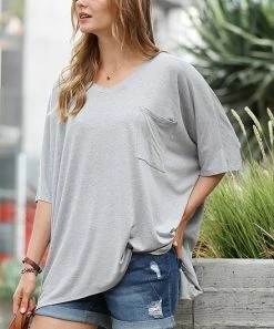 42POPS | Heather Gray V-Neck Pocket Oversize Boyfriend Tee - Women