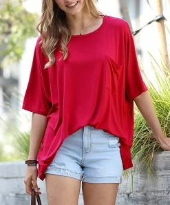 42POPS | Dark Red Scoop Neck Pocket Oversize Boyfriend Tee - Women