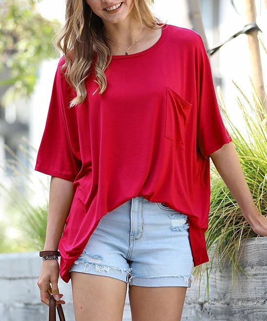42POPS | Dark Red Scoop Neck Pocket Oversize Boyfriend Tee - Women