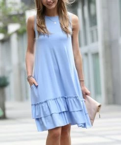 42POPS | Spring Blue Ruffle Round-Neck Sleeveless Pocket Shift Dress - Women