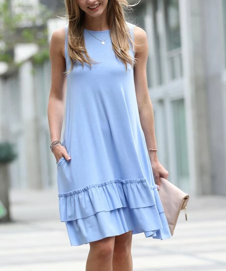 42POPS | Spring Blue Ruffle Round-Neck Sleeveless Pocket Shift Dress - Women