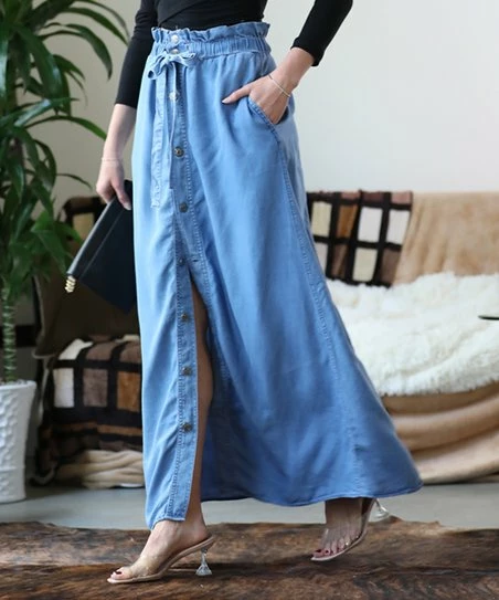 42POPS | Medium Chambray Paper Bag Button-Up Maxi Skirt - Women