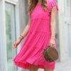 42POPS | Fuchsia Tiered Flutter-Sleeve Shift Dress - Women