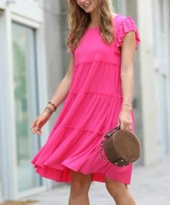 42POPS | Fuchsia Tiered Flutter-Sleeve Shift Dress - Women