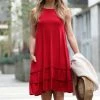 42POPS | Burgundy Ruffle Round-Neck Sleeveless Pocket Shift Dress - Women