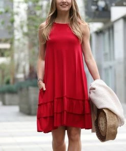 42POPS | Burgundy Ruffle Round-Neck Sleeveless Pocket Shift Dress - Women