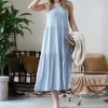 42POPS | Ash Blue Two-Tier Crewneck Sleeveless Midi Dress - Women