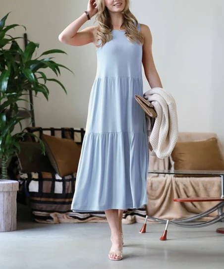 42POPS | Ash Blue Two-Tier Crewneck Sleeveless Midi Dress - Women