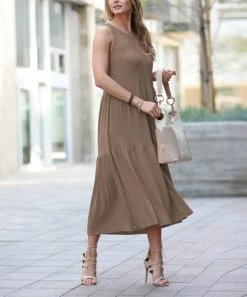 42POPS | Mocha Two-Tier Crewneck Sleeveless Midi Dress - Women