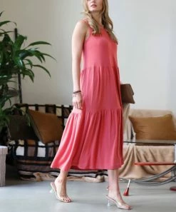 42POPS | Desert Rose Two-Tier Crewneck Sleeveless Midi Dress - Women