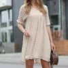 42POPS | Beige Swiss Dot V-Neck Half-Sleeve Empire-Waist Dress - Women