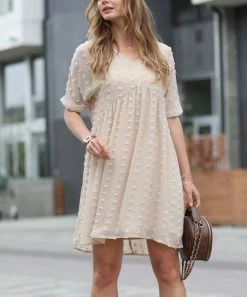 42POPS | Beige Swiss Dot V-Neck Half-Sleeve Empire-Waist Dress - Women