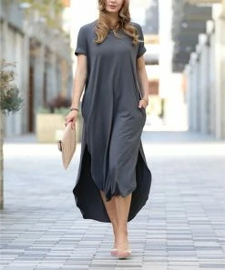 42POPS | Ash Gray Brushed Short-Sleeve Hi-Low Maxi Dress - Women