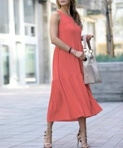 42POPS | Ash Rose Two-Tier Crewneck Sleeveless Midi Dress - Women