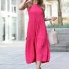 42POPS | Fuchsia Two-Tier Crewneck Sleeveless Midi Dress - Women