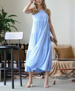 42POPS | Spring Blue Three-Tier Crewneck Sleeveless Midi Dress - Women