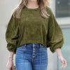 42POPS | Olive Mineral Wash Raw-Edge Crewneck Puff Long-Sleeve Crop Tee - Women