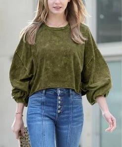 42POPS | Olive Mineral Wash Raw-Edge Crewneck Puff Long-Sleeve Crop Tee - Women