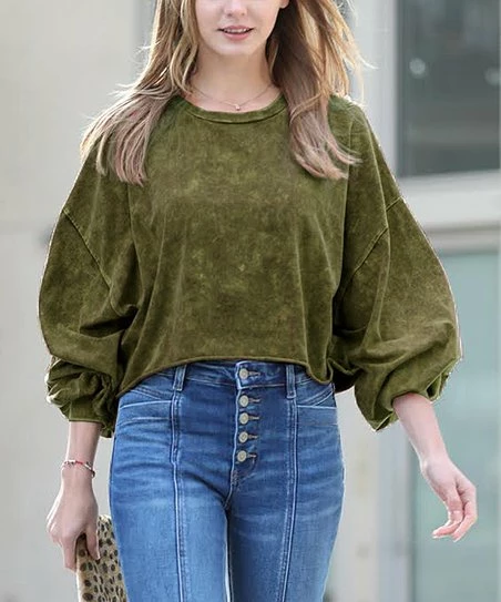 42POPS | Olive Mineral Wash Raw-Edge Crewneck Puff Long-Sleeve Crop Tee - Women