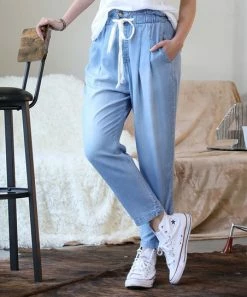 42POPS | Sky Chambray Drawstring-Waist Pocket Paper-Bag Pants - Women
