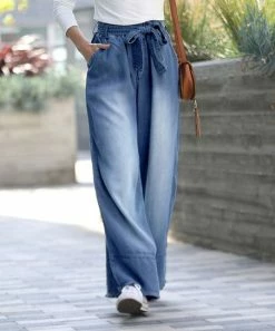 42POPS | Dark Blue Chambray Wide-Leg Pocket Paper-Bag Pants - Women