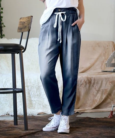 42POPS | Midnight Chambray Drawstring-Waist Pocket Paper-Bag Pants - Women