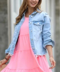 42POPS | Light Blue Pocket Raw-Hem Denim Jacket - Women