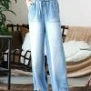 42POPS | Light Blue Chambray Paper Bag-Waist Wide-Leg Pocket Pants - Women