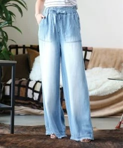 42POPS | Light Blue Chambray Paper Bag-Waist Wide-Leg Pocket Pants - Women