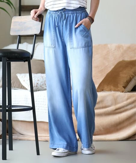 42POPS | Medium Blue Chambray Drawstring Wide-Leg Pocket Pants - Women