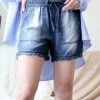 42POPS | Dark Blue Chambray Frayed-Hem Pocket Shorts - Women