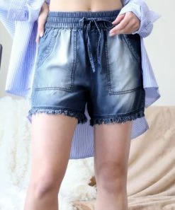 42POPS | Dark Blue Chambray Frayed-Hem Pocket Shorts - Women